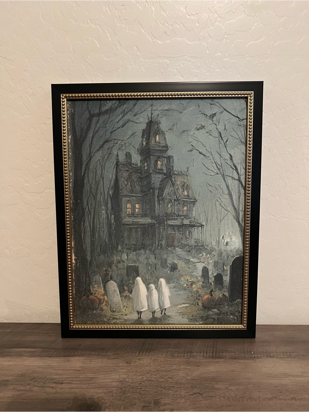 Petal Lane Spooky Ghosts Trick or Treating Haunted House Wall Art Framed Print